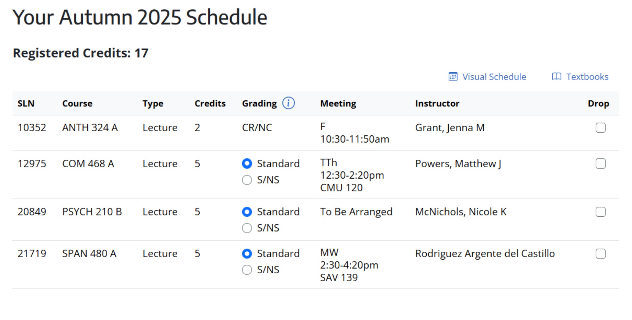 Screenshot of a registered schedule in Register.UW