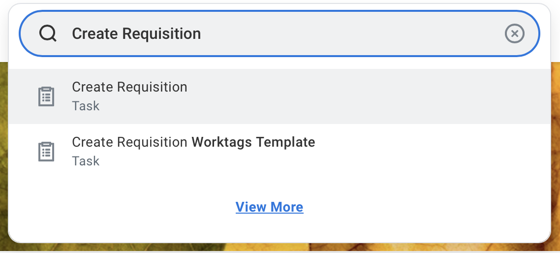Workday search bar displaying results for ‘Create Requisition.’