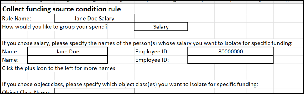 Screenshot showing example of Collect Funding Source Condition Rule where employee is paid via a different funding source