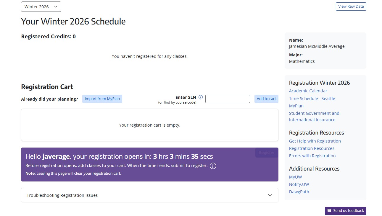 Screenshot of Register.UW countdown until registration opens