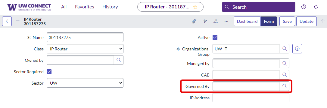 A screenshot of a computerExample of updating Governed By field from Configuration Item record.