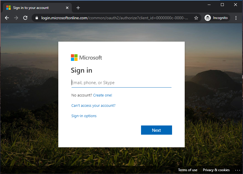 Screenshot of the Microsoft sign-in web page