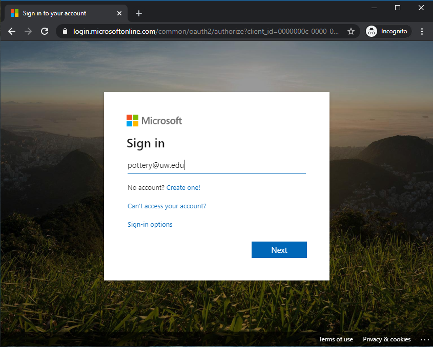 Screenshot of the Microsoft sign-in web page with an email address entered in the email field