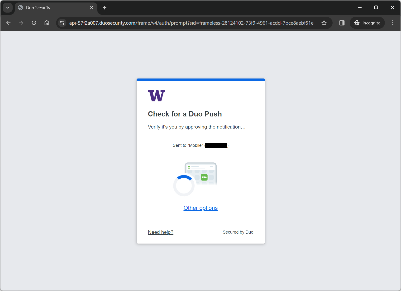Screenshot of the Duo 2FA page titled "Check for a Duo Push"