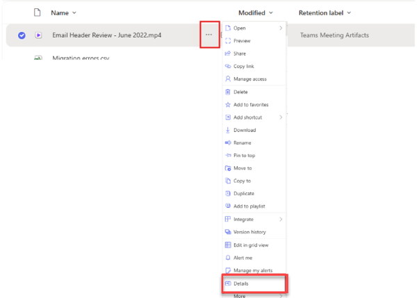 More Actions Example By clicking the ellipses to the right of the document's name, a dropdown menu will open; select "Details", at the bottom.