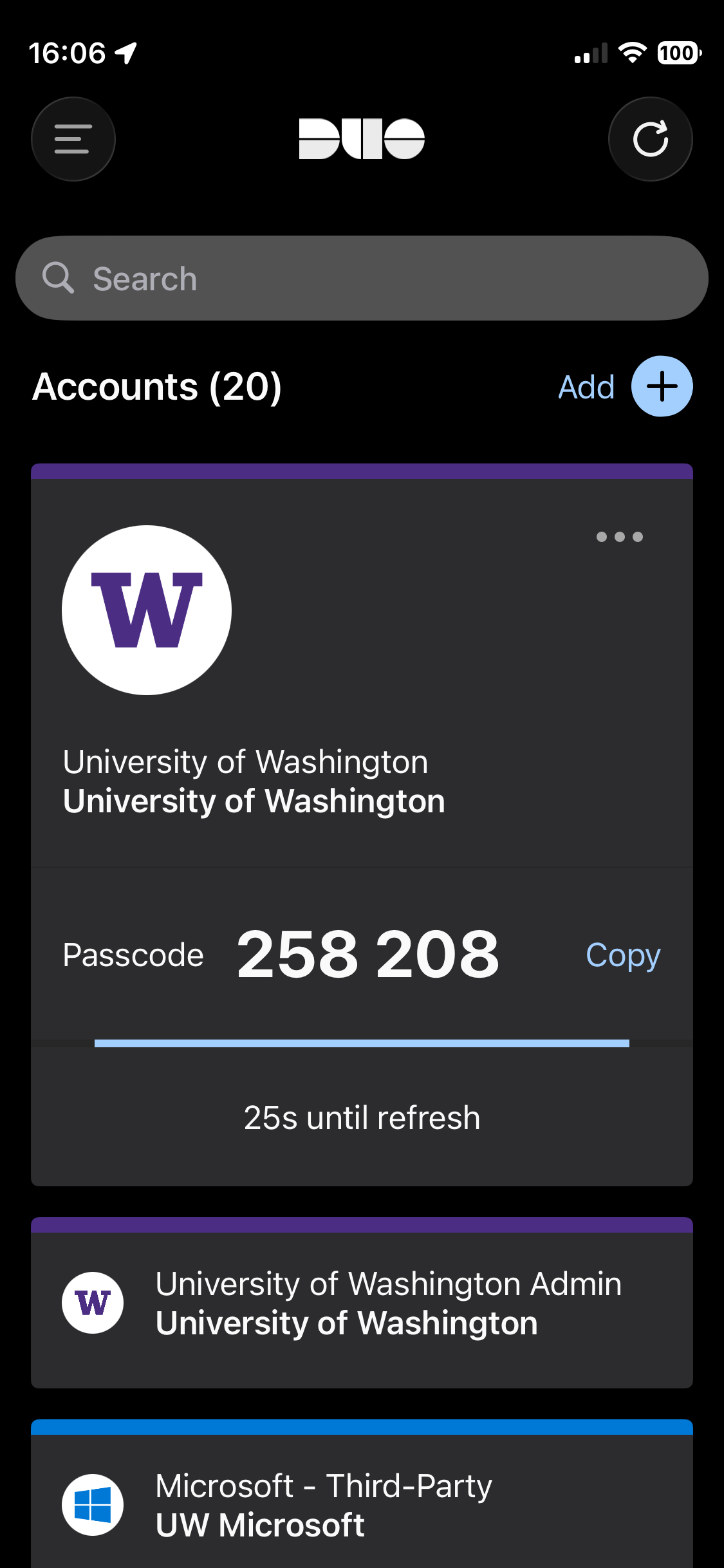 A screenshot of the Duo Mobile application showing an expiring Duo Passcode