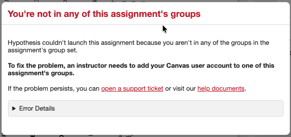 Hypothesis popup error when trying to get groups from Canvas if you have not authorized access.