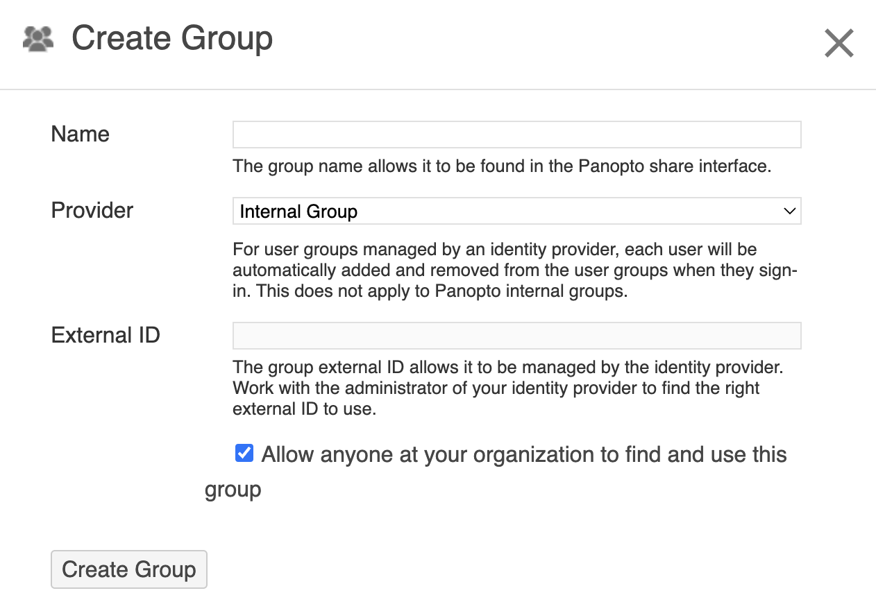 Screenshot of Panopto Create Groups Pop-Up.