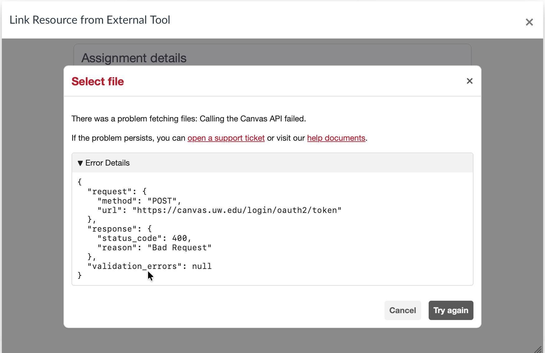 Hypothesis popup error when trying to get file from Canvas if you have not authorized access.