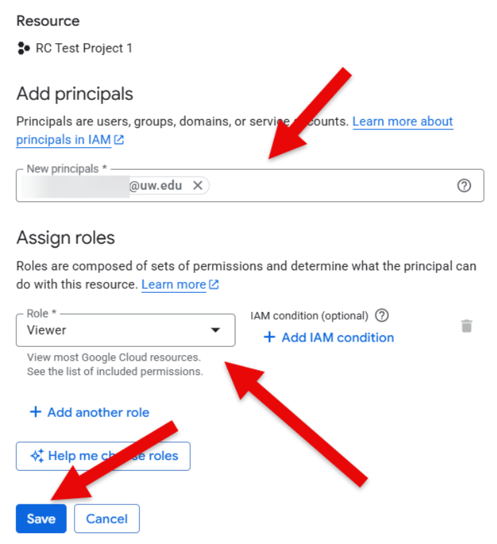 Screenshot showing new principles, role, and the save button