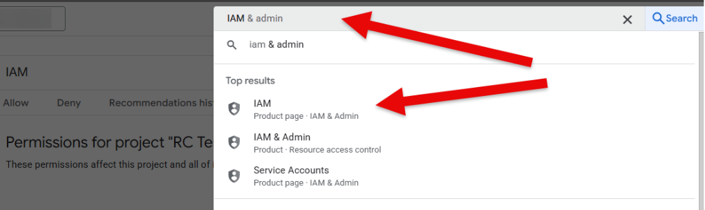 Screenshot showing searching for IAM