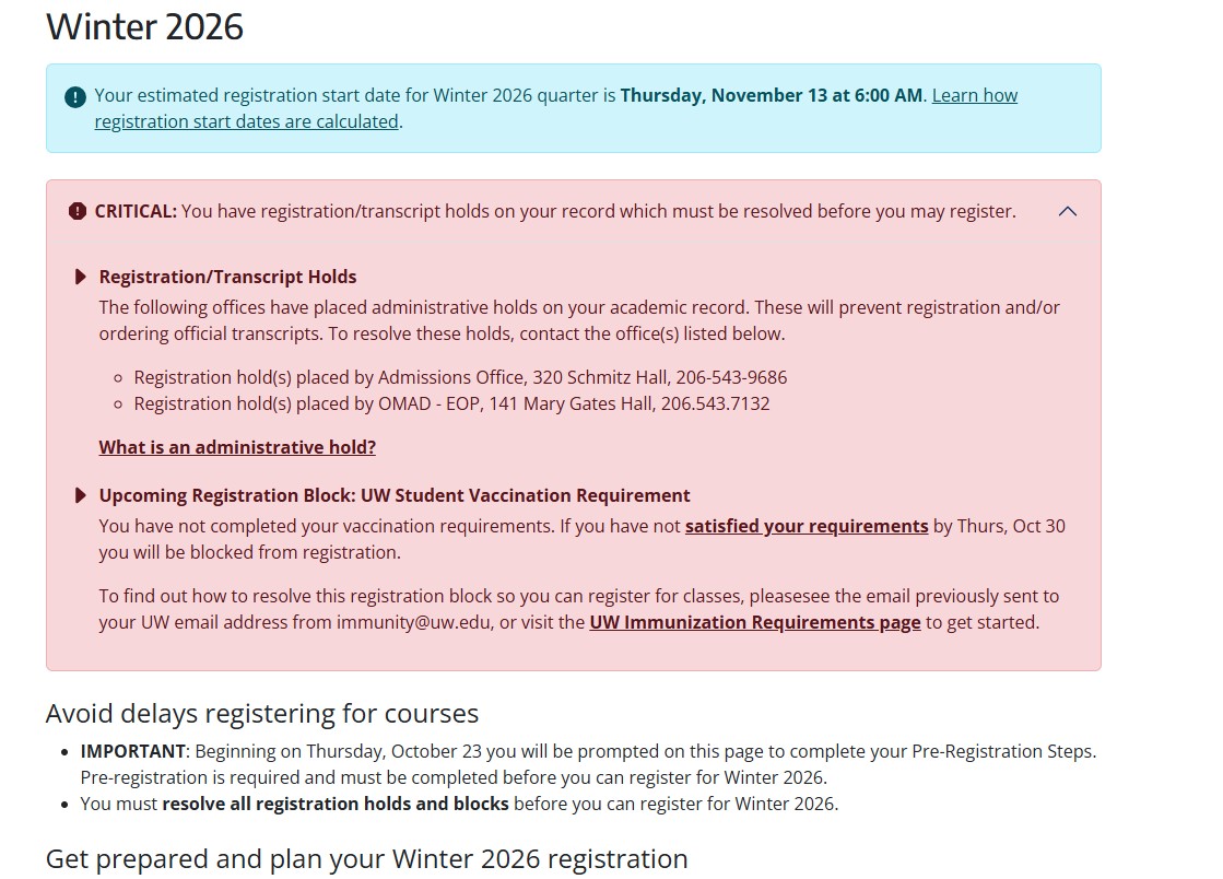 Screenshot of Register.UW with registration blocks and holds notice