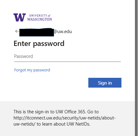 Screenshot showing the password on the UW IDP