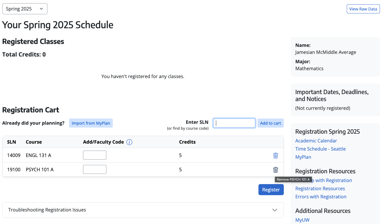 Screenshot of removing section from reg cart
