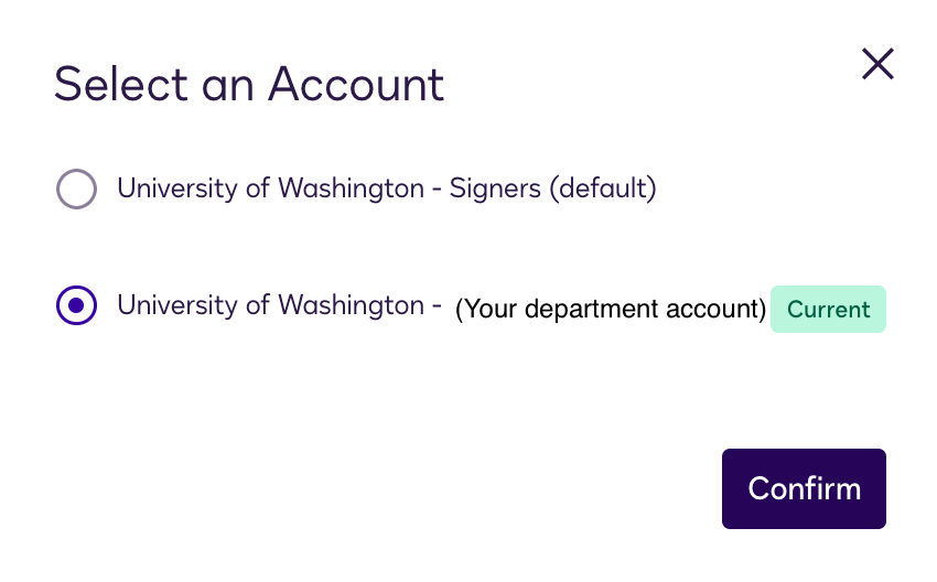 Screenshot of "Select an Account" page with account memberships with one labeled as current