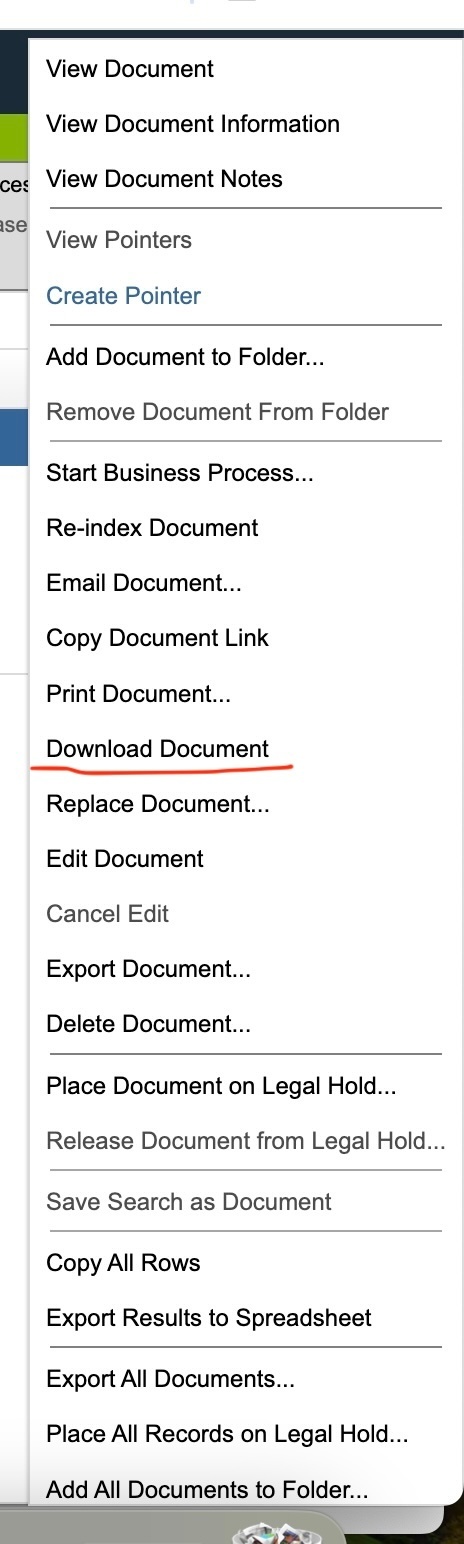 This is an image of a DocFinity dropdown menu (from step 1) where you can download a document. 