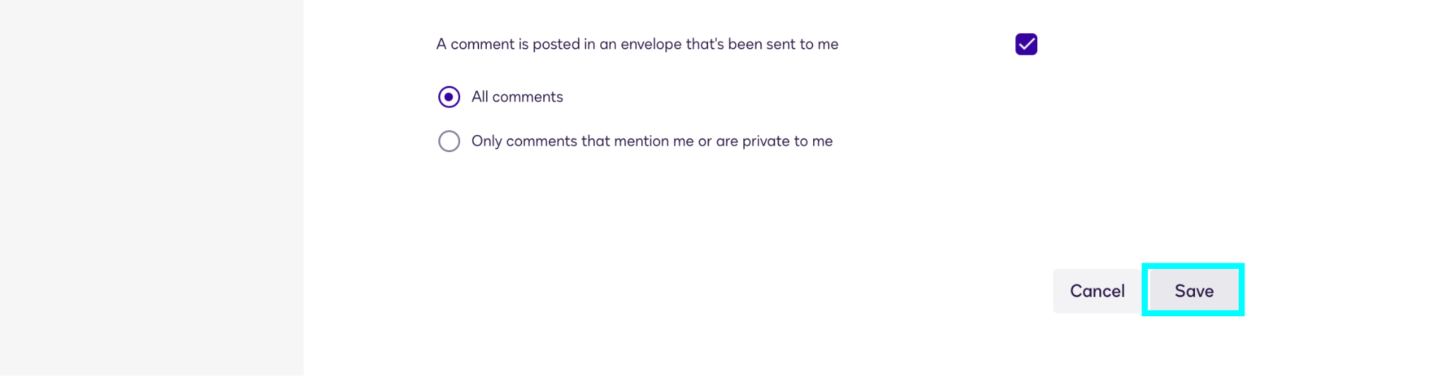 Screenshot of bottom of the Envelopes Notification Preferences menu with the "Save" button checked