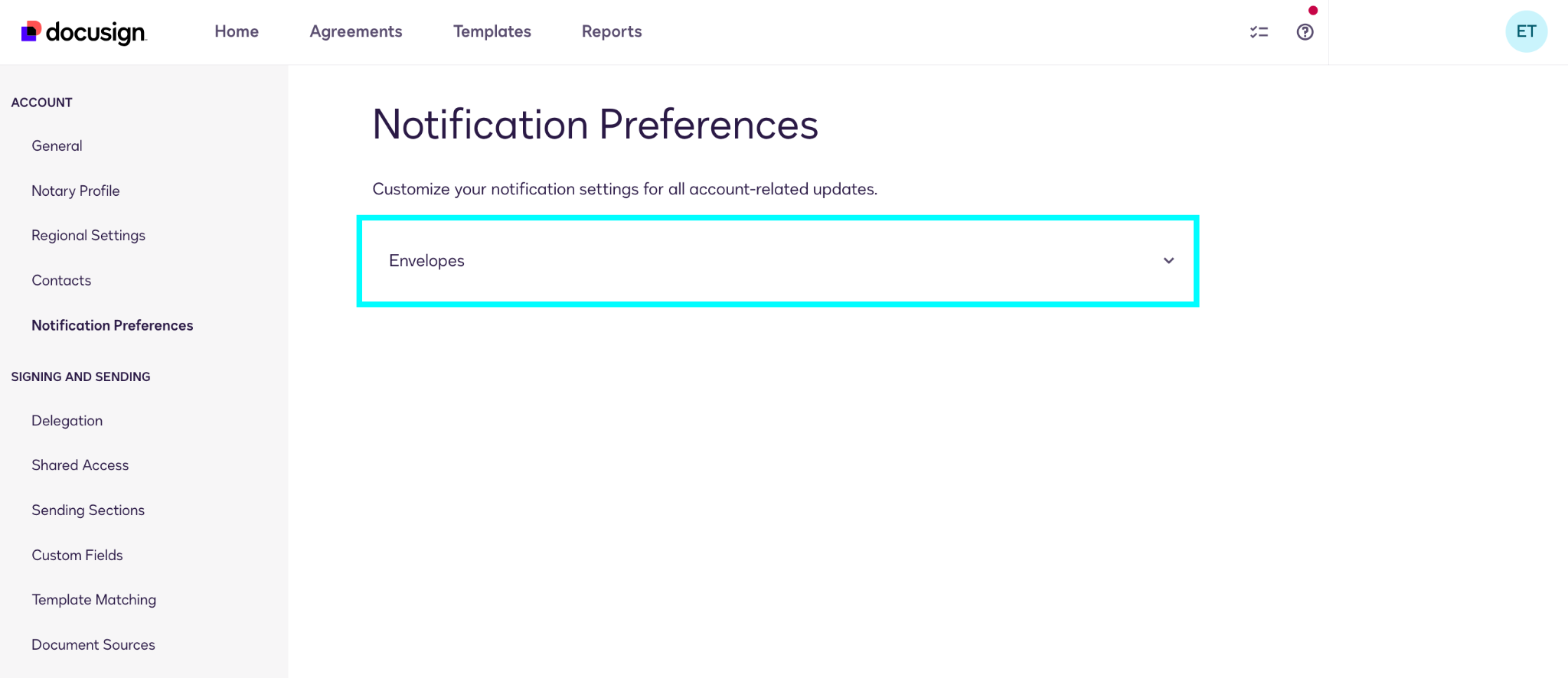 Screenshot of expanded Envelopes Notifications Preferences menu