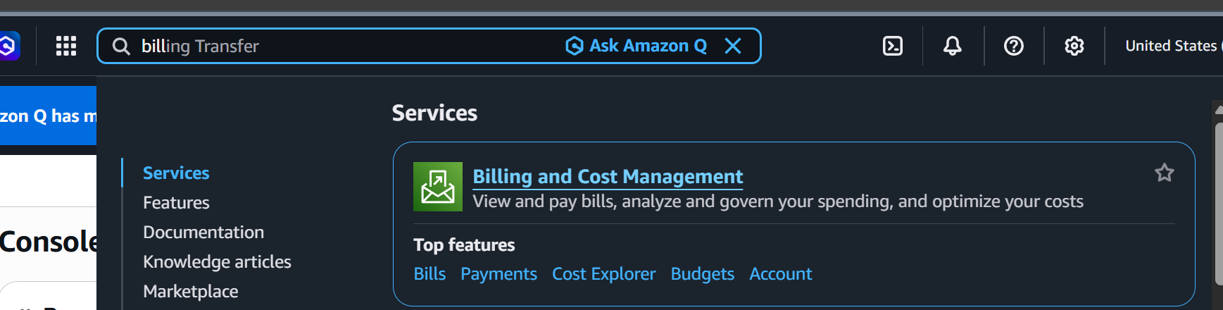 Screenshot of searching for Billing and Cost Management 