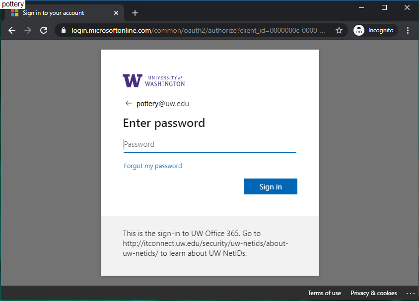 Screenshot of the UW-branded sign-in page