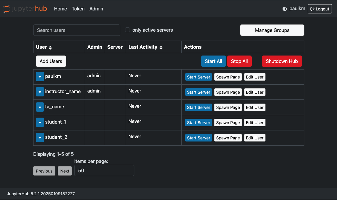 JupyterHub admin view