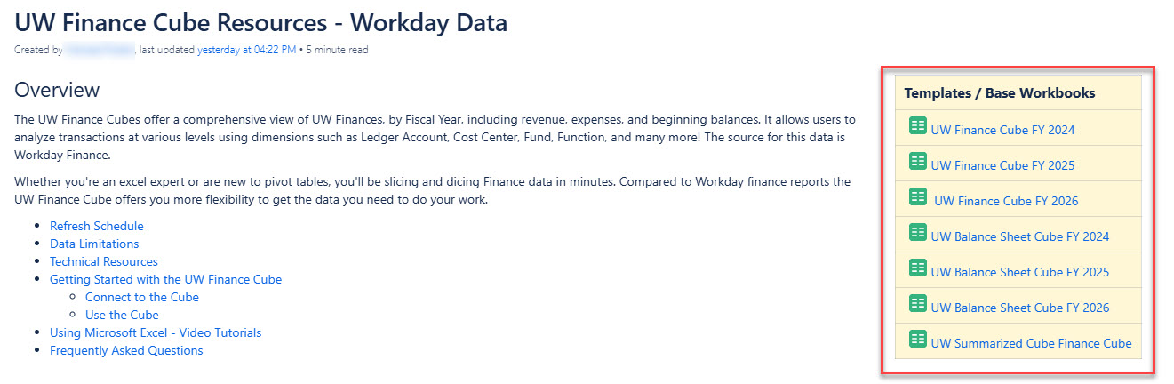 A screenshot of a cube resource page that highlights the Templates/Base Workbooks section.