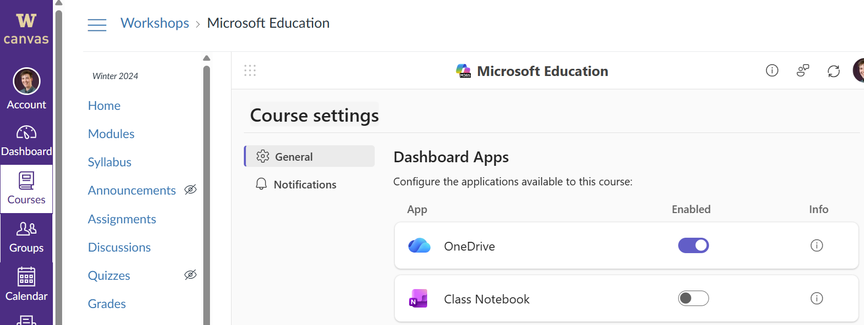 configuration options for enabling OneNote and Class Notebook in the Microsoft Education integration in Canvas
