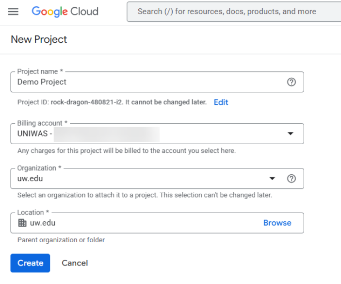 Screenshot showing the project name, billing account, org and location