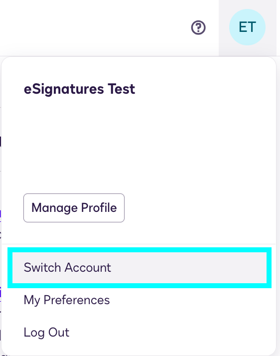 Screenshot of profile icon dropdown menu showing "Switch Account" option highlighted