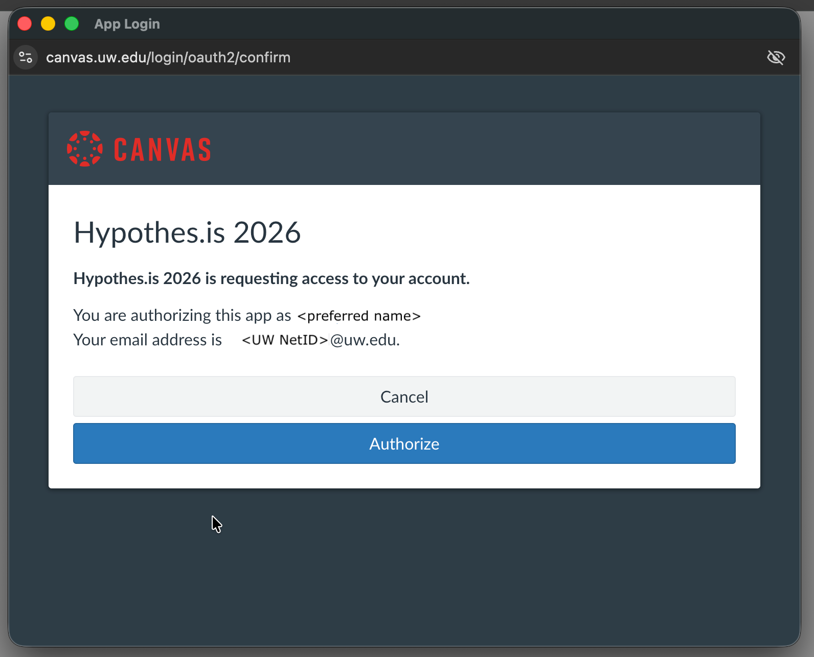 Canvas authorization popup for integrations