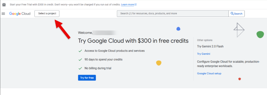 Screenshot in GCP pointing to the Select a project button