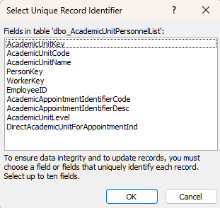 Choosing the key for a table in a new Microsoft Access data source