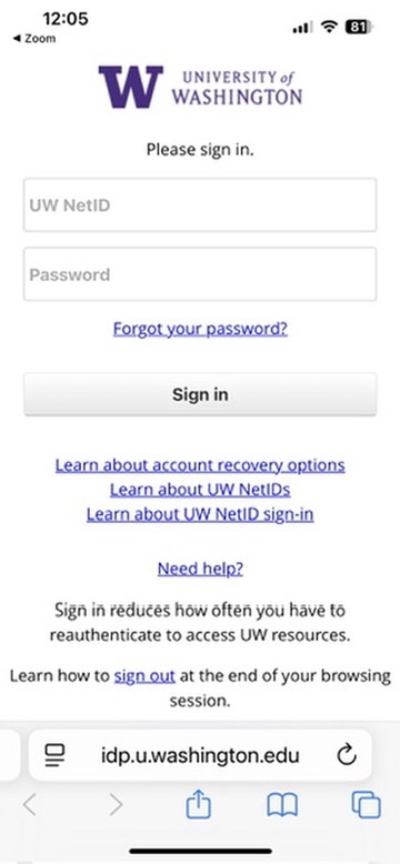 UW NetID login browser page