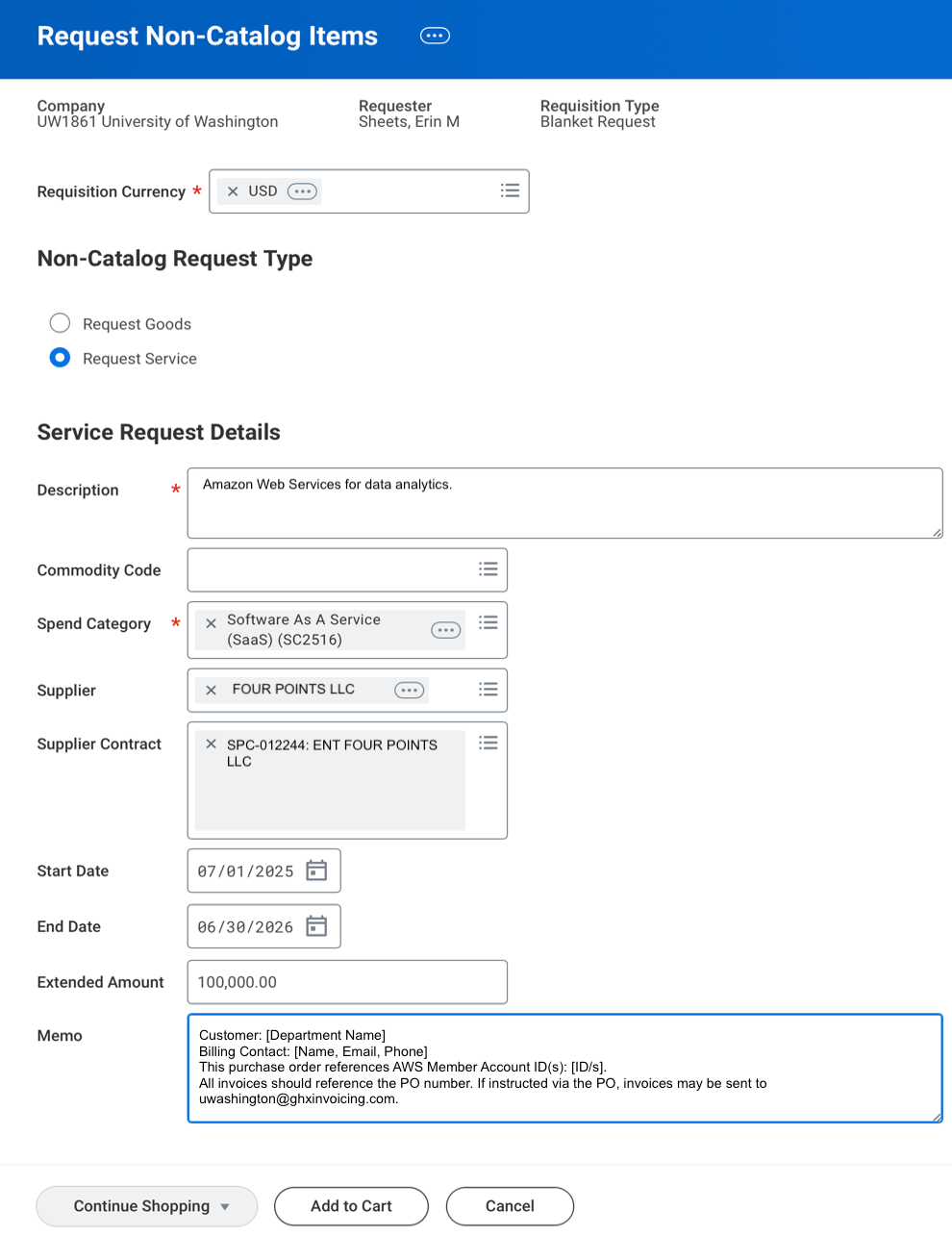 Workday service line example showing completed fields for a non-catalog service request.