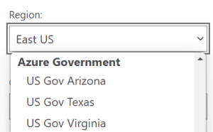 Azure Government region drop down menu