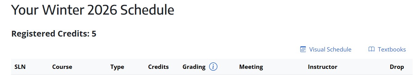 Screenshot of the required textbooks link on Register.UW