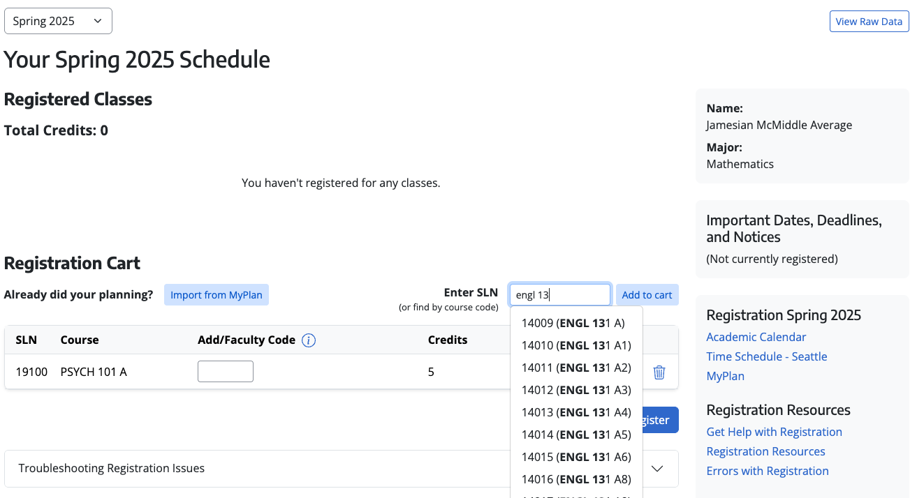Adding section by searching for course abbreviation & number