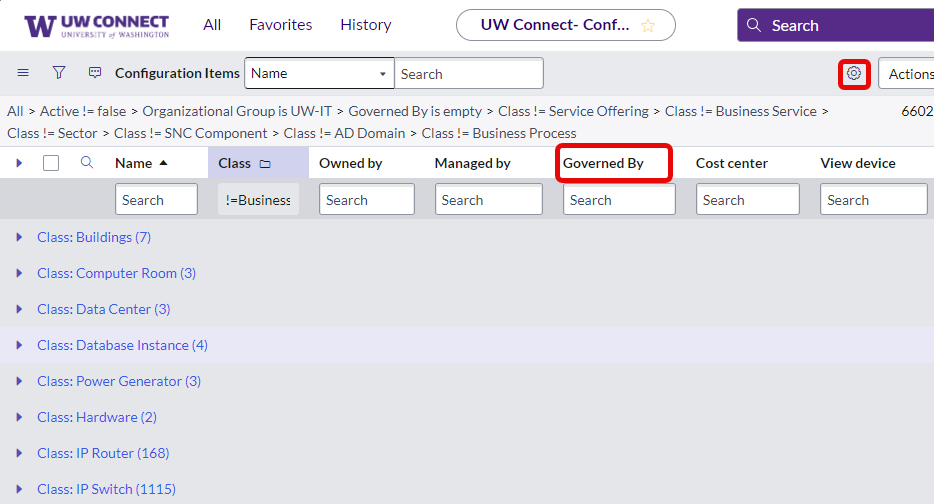A screenshot of a computerExample of a Configuration Item list from UW Connect.