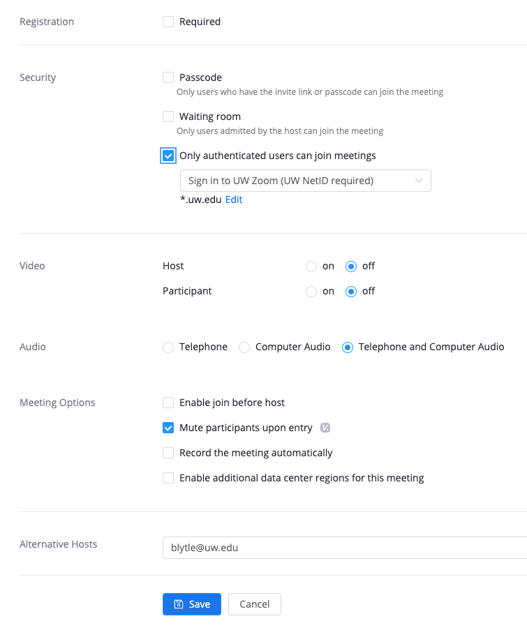 Zoom settings page
