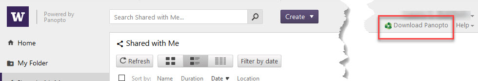 This screenshot showcases the upper right corner of uw.hosted.panopto.com where the download button is for Panopto. 