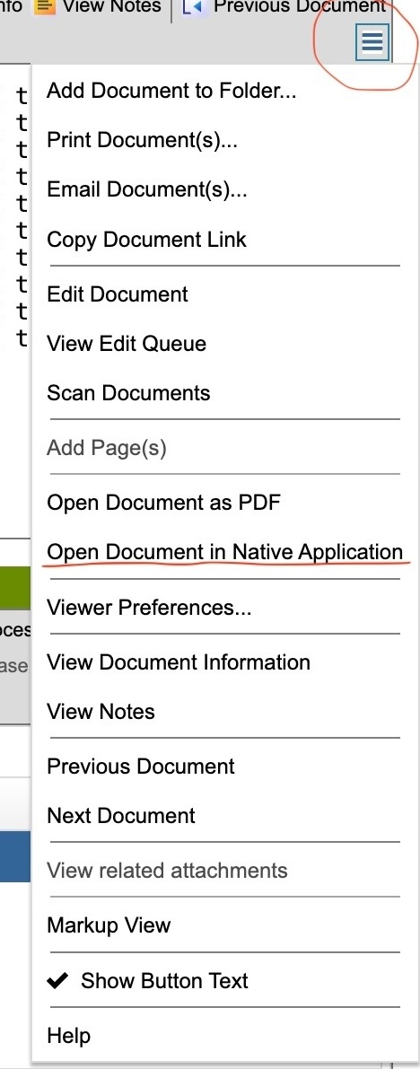 Image: DocFinity Viewer Panel menu with hamburger icon click to open document in native application