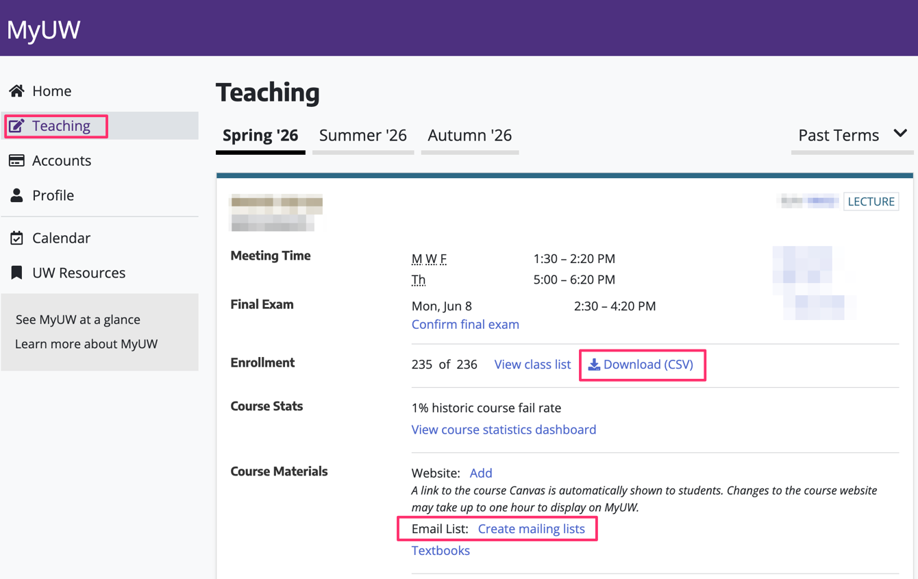 Screenshot of the MyUW Teaching page with boxes around the relevant buttons for the instructions.