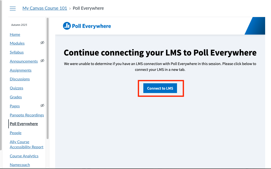 Connect to LMS in button highlighted 