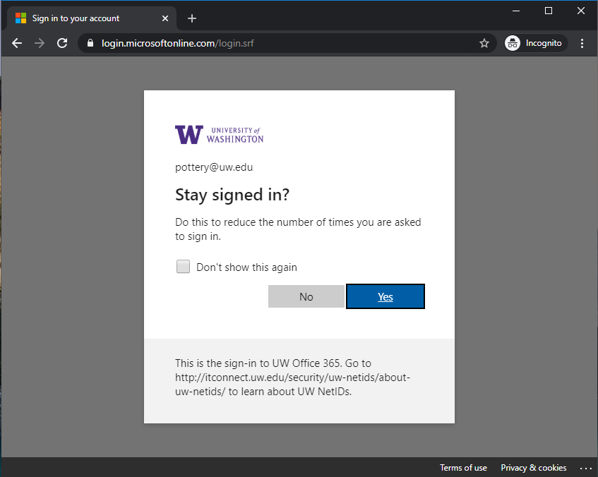 Screenshot of the "Stay signed in?" page