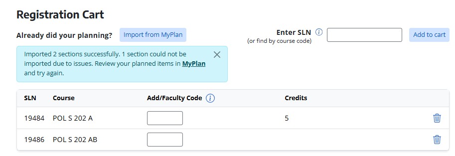 Screenshot of Register.UW MyPlan import
