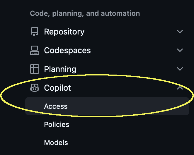 Click Copilot and then Access in the left navigation