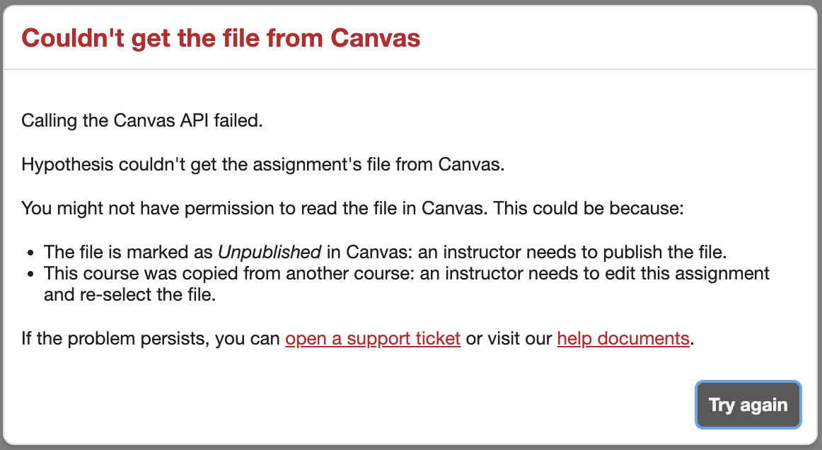 Hypothesis popup error when trying to get file from Canvas if you have not authorized access.