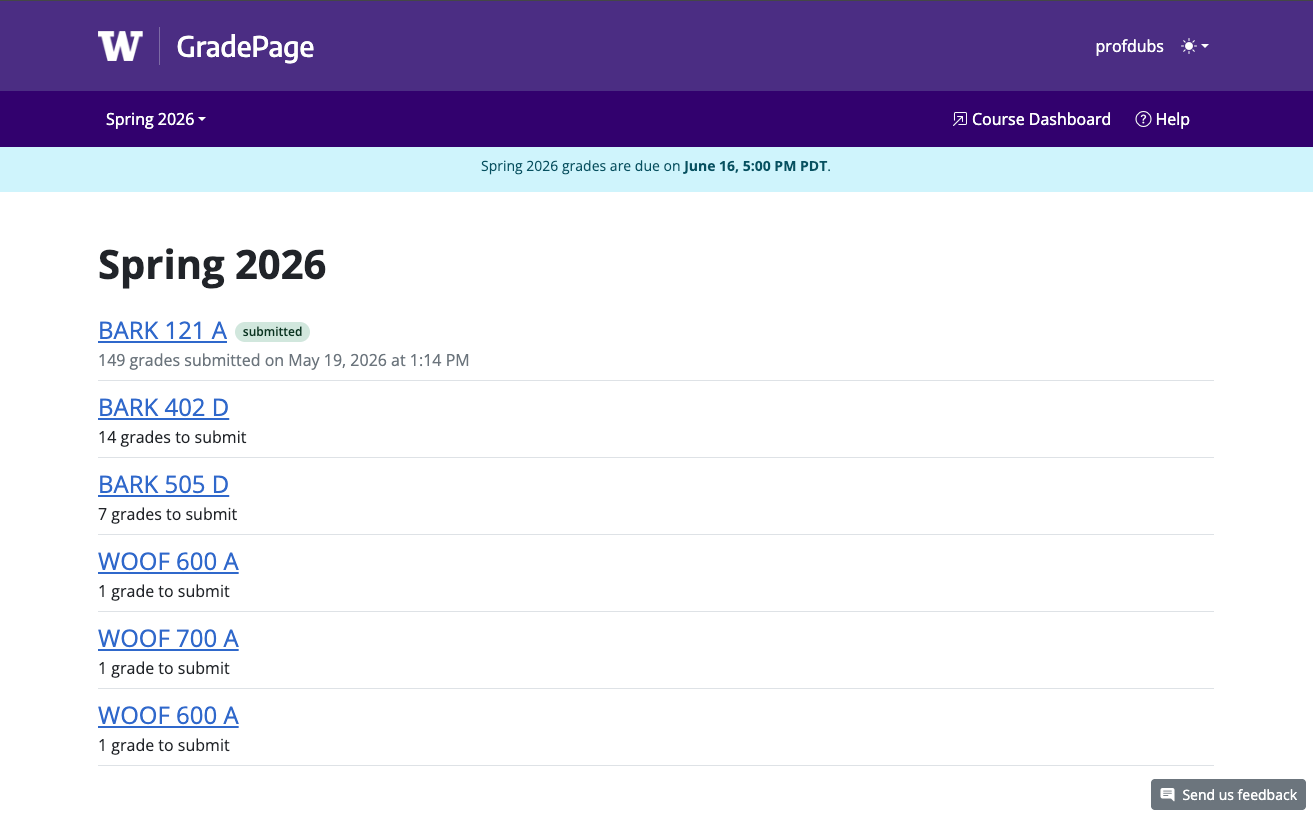 Screenshot of the new GradePage home page showing a list of sections to grade for spring 2026. The first section has been graded and has a time stamp with status and "submitted" badge.