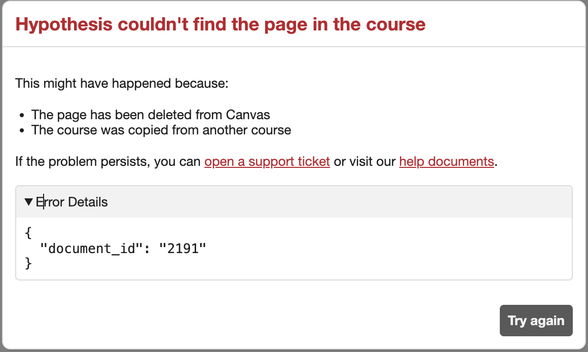 Hypothesis popup error when trying to get page from Canvas if you have not authorized access.