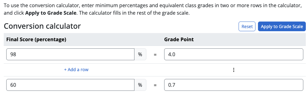 Interface for the GradePage conversion calculator showing an undergrad conversion scale where 98% = 4.0 and 60% = 0.7.